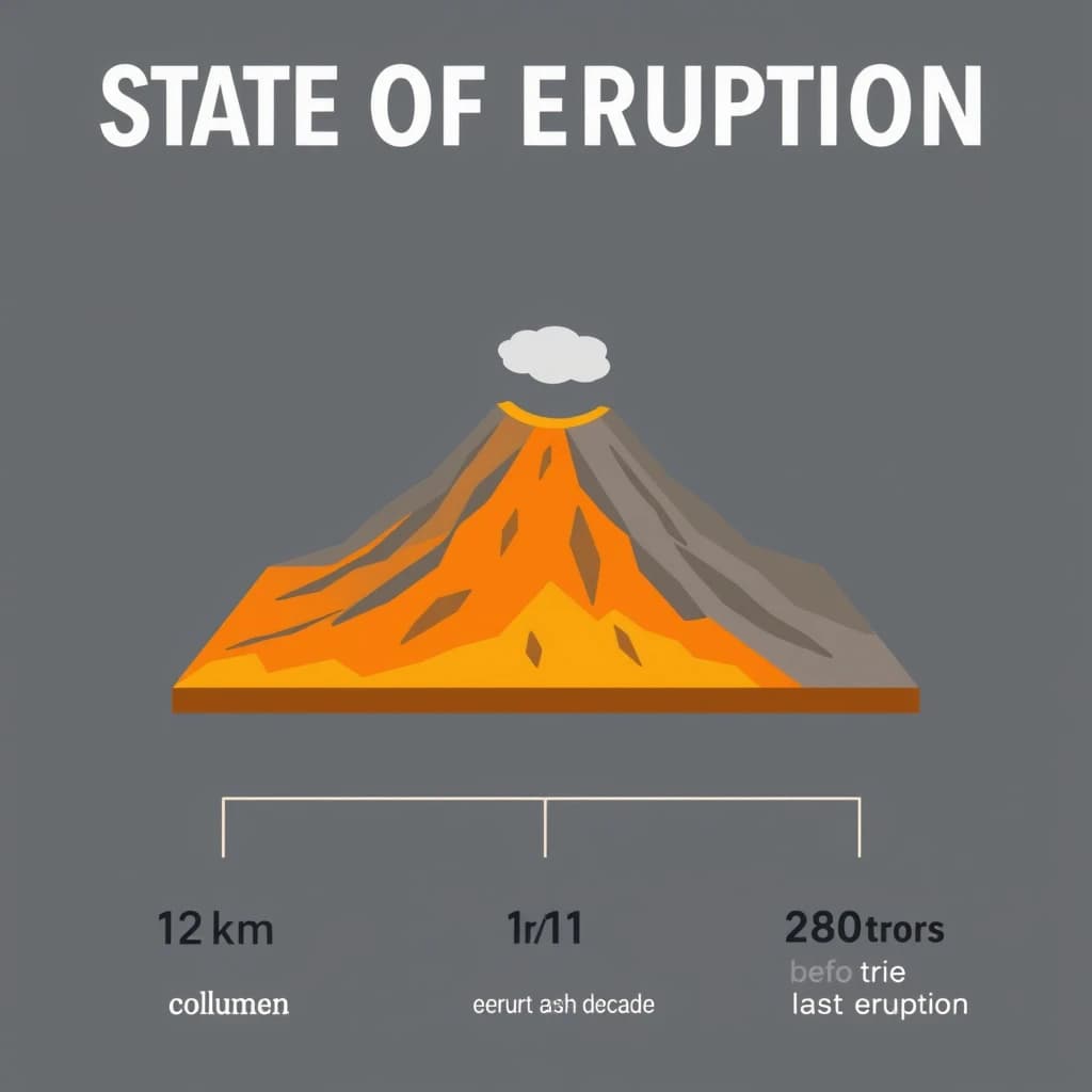 Flat infographic titled "State of Eruption". A simplified hazard map of the slopes sits at the center, carrying two keyed regions, "Magma chamber" shaded orange and "Ash cloud" shaded gray. Three stat chips run down a bottom row, reading "12km ash column", "1 in 11 erupt each decade" and "280 tremors before the last eruption". Each key color matches the shading of the region it names.