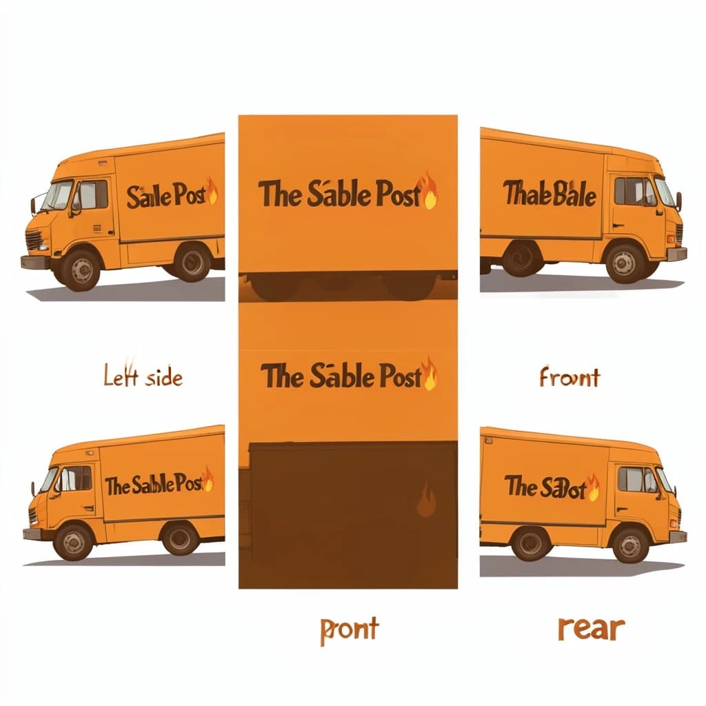 Printed poster: one food truck in three sides. The sides are captioned "left side", "front" and "rear" in that order. The wordmark "The Sable Post" appears on every side with a small flame icon beside it. The orange-and-brown coloring is the same across every side, and only the side changes.