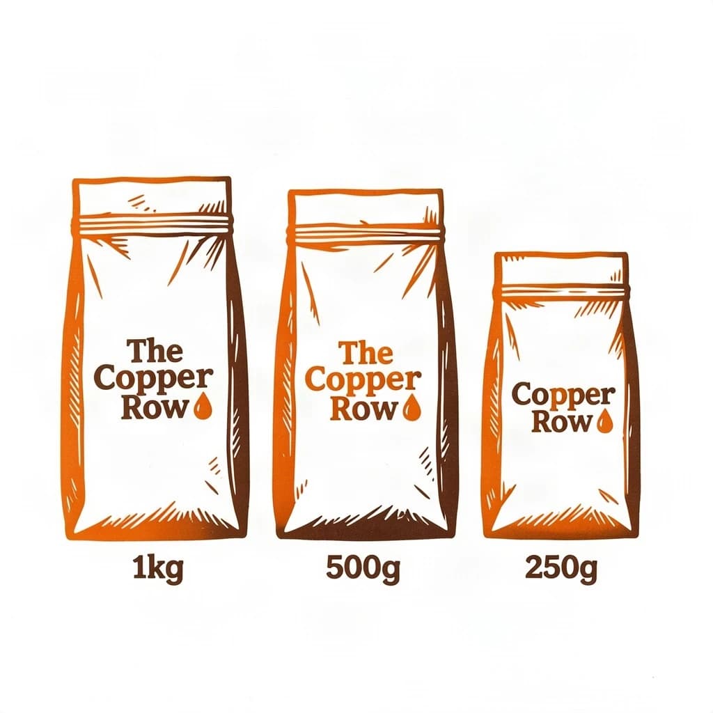 Linocut print: one coffee bag in three sizes. The sizes are captioned "1kg", "500g" and "250g" in that order. The wordmark "The Copper Row" appears on every size with a single droplet symbol beside it. The orange-and-brown coloring is the same across every size, and only the bag size changes.