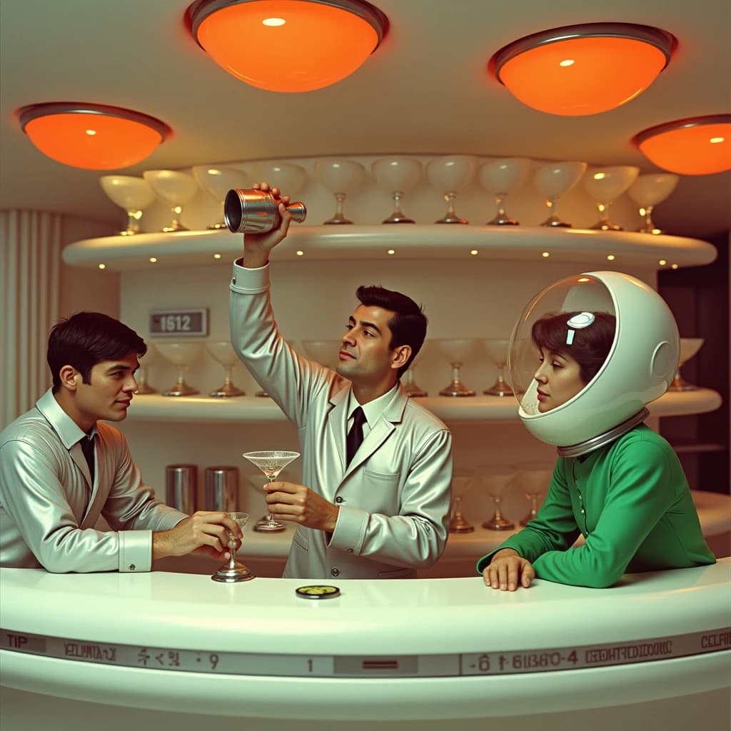 In-game screenshot from a lounge sim aboard an orbital hotel, all curved white plastic, orange bubble lamps and chrome trim in nineteen sixties Space Age design. A four-armed bartender shakes a tin with two arms while pouring a margarita with a third and sliding a coaster across with the fourth. Three customers at the bar: the one in a silver jumpsuit holds a salt-rimmed margarita, the one in green holds nothing, the one in a bubble helmet is asleep on folded arms. Behind them a rack holds nine coupe glasses, the five on the upper shelf frosted, the four below clear. Bottom-left interface: a tip counter reading "142 credits", a shaker cooldown ring, and a chip reading "Order 3 of 8".