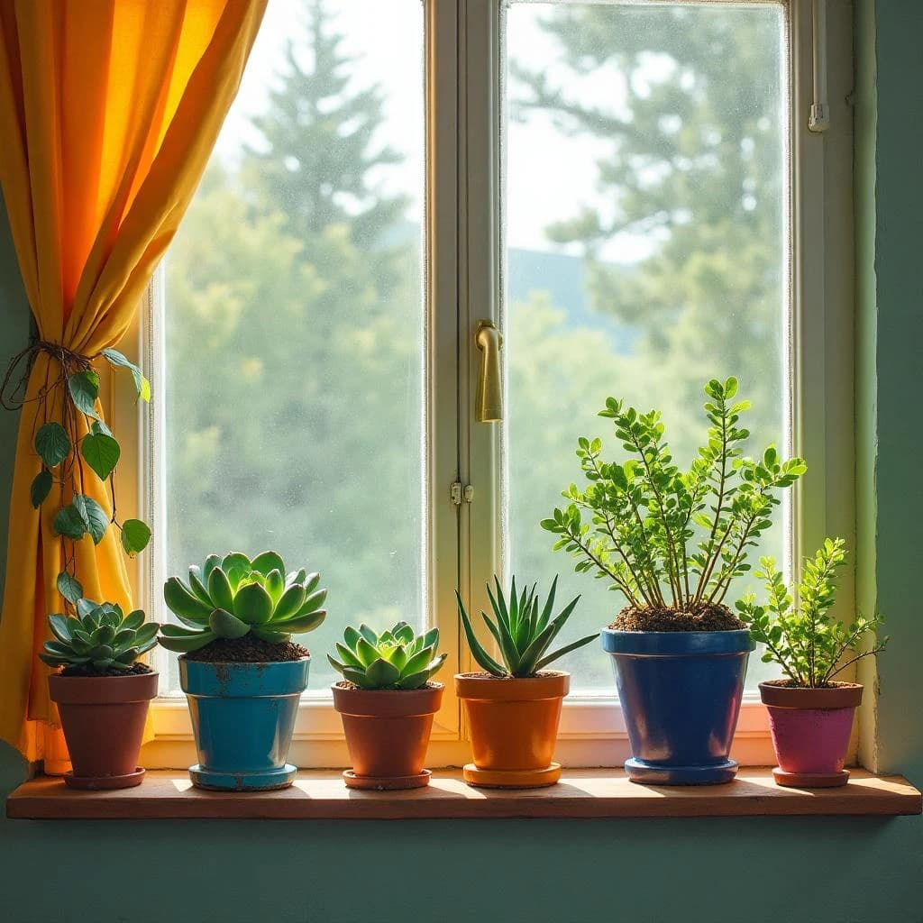 Fauvist feed post: a windowsill shelf with six potted plants, the three terracotta pots holding trailing vines and the three glazed blue pots holding upright succulents, painted in violent orange, pink and green. Only the tallest vine reaches the curtain.