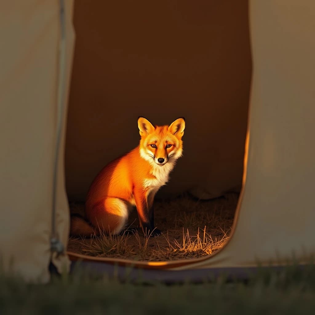 A red fox cast in a warm edge highlight inside a canvas tent, at golden hour, off-center framing with negative space, gouache style.