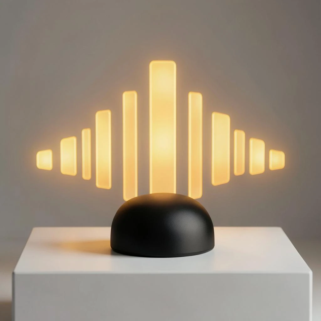 Cinematic 3D render of a matte black speaker puck on a white plinth, with a sound waveform behind it built from fourteen glowing amber bars in a gentle curve, the three tallest centred directly behind the puck and the bars shortening evenly toward both ends.