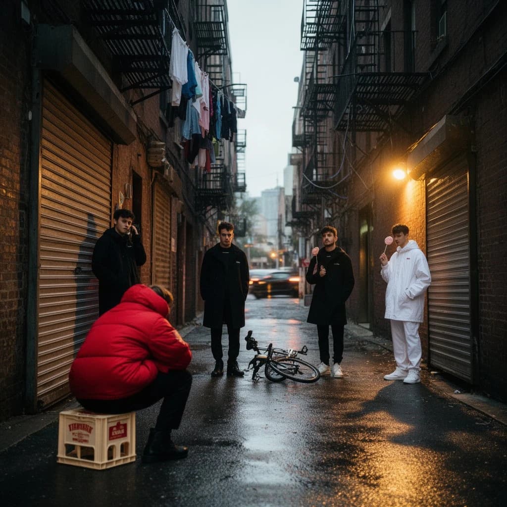 Cinematic photograph for a streetwear campaign, shot straight down a narrow rain-slick alleyway at dusk. Four models spread through the depth of the frame: the nearest crouches on a milk crate in a red puffer, two stand mid-alley in matching black coats, one leaning on a roll-up shutter and one holding a lollipop, and the farthest stands under the single working lamp in white. Three of the six fire escapes above carry laundry lines; the rest are bare. A delivery bike lies on its side between the two middle models. Blurred street traffic only at the far end.