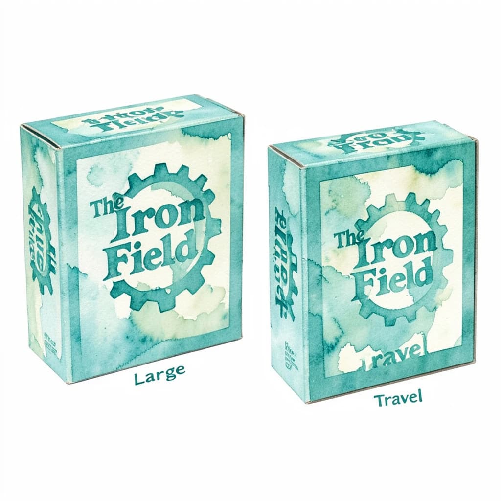 Watercolor: one board-game box in two editions. The editions are captioned "Large" and "Travel" in that order. The wordmark "The Iron Field" appears on every edition with a six-tooth gear mark beside it. The teal-and-cream coloring is the same across every edition, and only the box size changes.