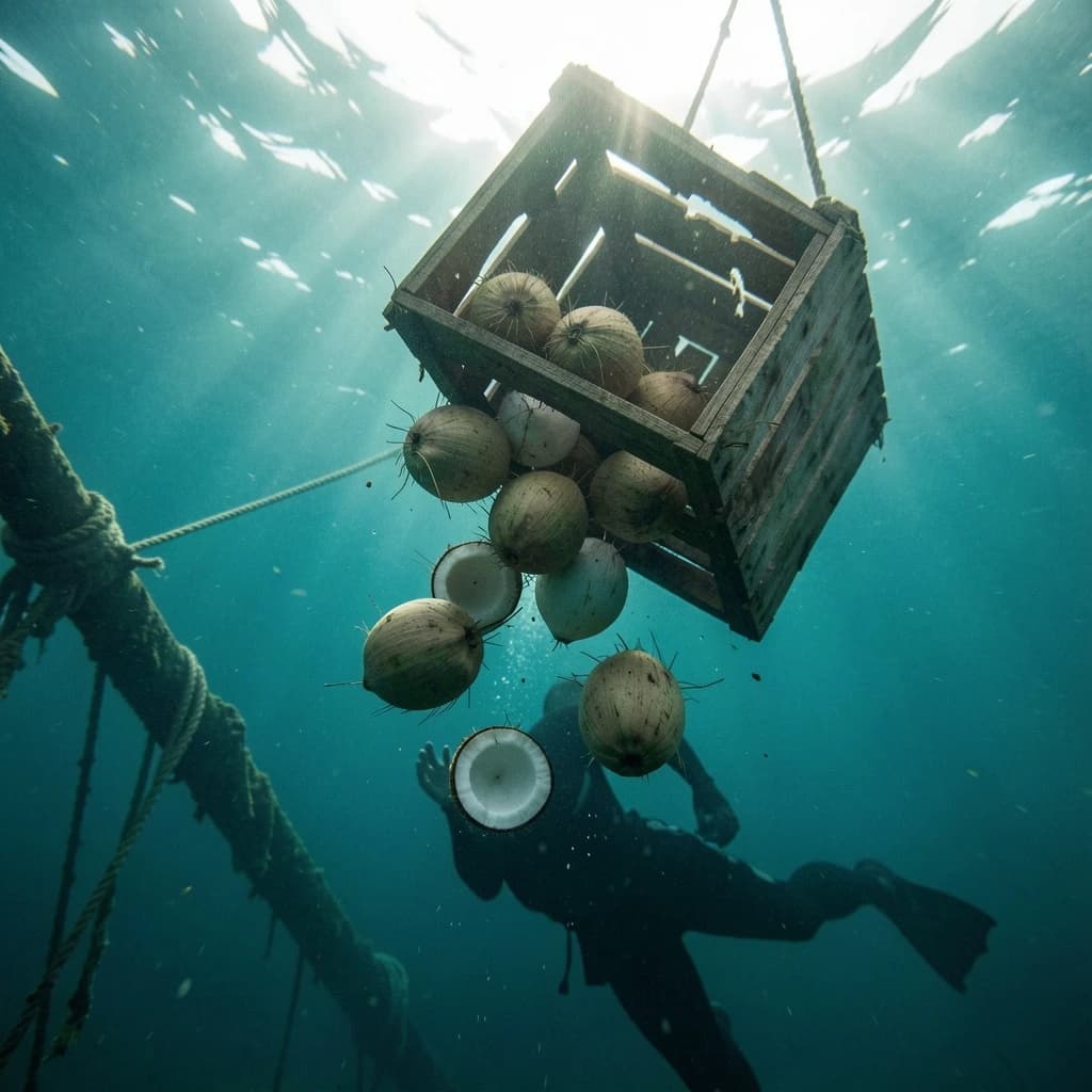 Underwater photography, film still from a castaway feature, shot from six metres down looking up toward the surface. A wooden crate has burst mid-sink: nine coconuts drift out of it, five still husked and pale brown, four split open and white, the split ones sinking faster than the whole ones. The crate hangs above them, lid half torn away, roped to a sunken mast that runs out of frame to the lower left. A swimmer silhouetted against the bright surface reaches down toward the nearest whole coconut, one fin missing. Blue green water column, sunbeams, drifting particles, natural light only.