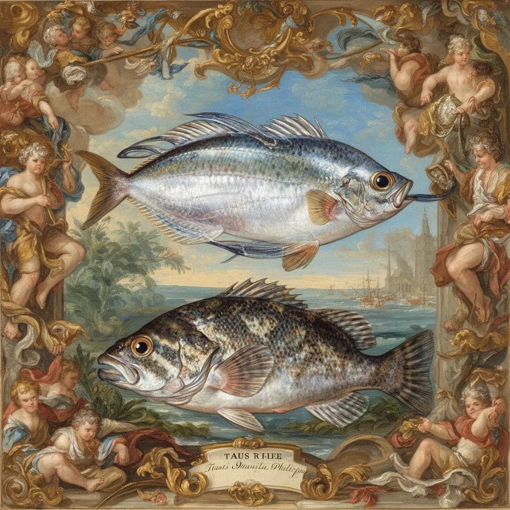 Ribbonfish and Tautog in Manila, Philippines in the style of rococo