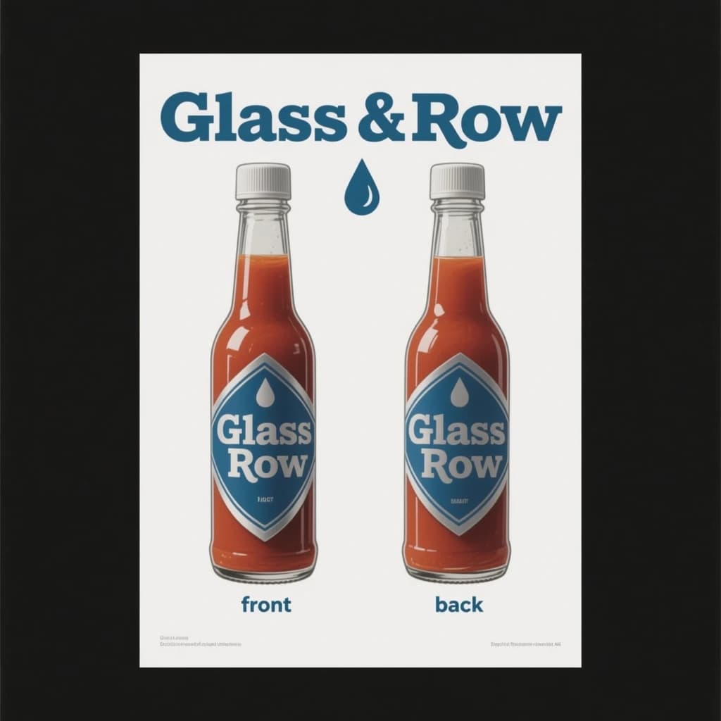 Printed poster of the same hot-sauce bottle drawn in two views, captioned "front" and "back", every view carrying the wordmark "Glass & Row" with a single droplet symbol beside it in the same blue-and-silver coloring, only the angle changing.