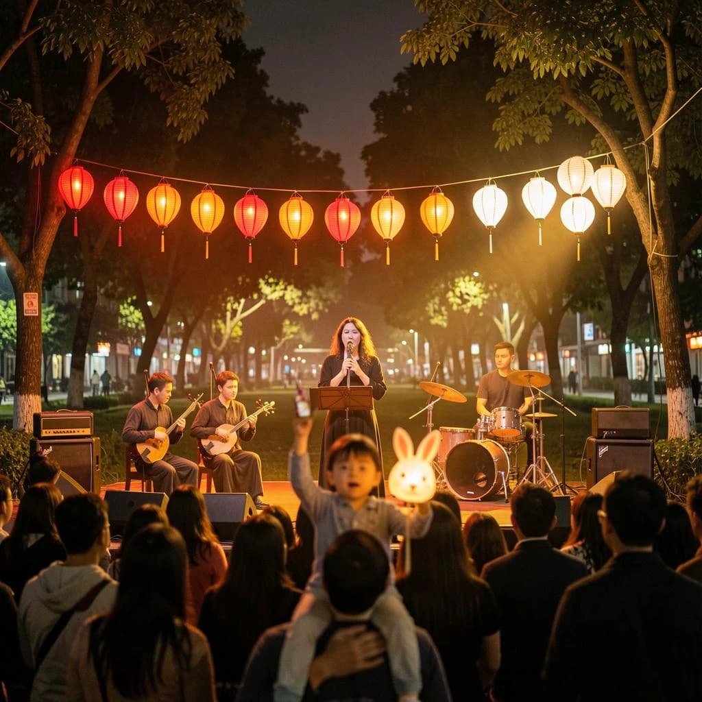 Concert photography, a Mid-Autumn Festival night in a Hong Kong park, shot from inside the crowd toward a low stage lit by warm floods. A singer at the centre microphone holds a note with both hands off the stand; on her left two erhu players sit side by side, on her right a single drummer stands. Eleven paper lanterns hang above the stage, the seven red ones strung in a line and the four white ones clustered at the right end. In the near foreground, out of focus, a child on a father's shoulders holds a rabbit lantern.
