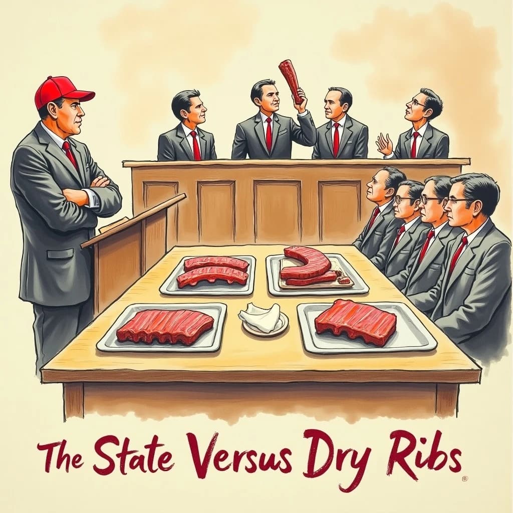 Courtroom sketch poster in colored pencil on toned paper for a barbecue joint's rib contest. The judges' bench sits at top center with three judges behind it, the middle one holding a rib up to the light while the other two turn toward each other. On the evidence table below stand four trays: two stacked with ribs, one holding a single burnt end, one empty. A pitmaster in a red cap stands at the podium on the left with his arms crossed. Six jurors fill the box on the right, five with napkins tucked into their collars and one without. Caption bar at the bottom reads "The State Versus Dry Ribs, Saturday".