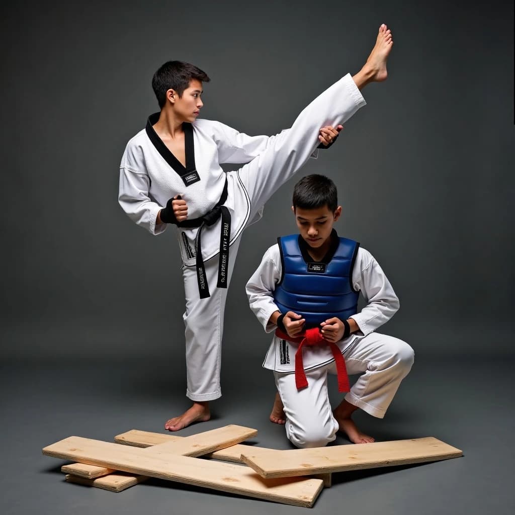 Studio photography, stunt and costume reference on a seamless charcoal backdrop, one hard key from camera left. Three taekwondo athletes in a tight diagonal: the tallest, in a white uniform with a black belt, holds a side kick frozen at chest height; the shortest, in navy with a red belt, ducks under it with both palms flat on the floor; the third kneels behind them fastening a blue chest guard onto a folded uniform. Two snapped pine boards lie at the front edge of the frame, a third board still whole in a holder's gloved hands.