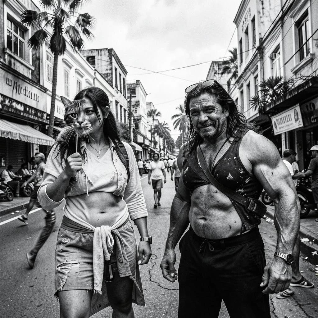 Channel Cat and Megathere in Manila, Philippines in the style of black and white