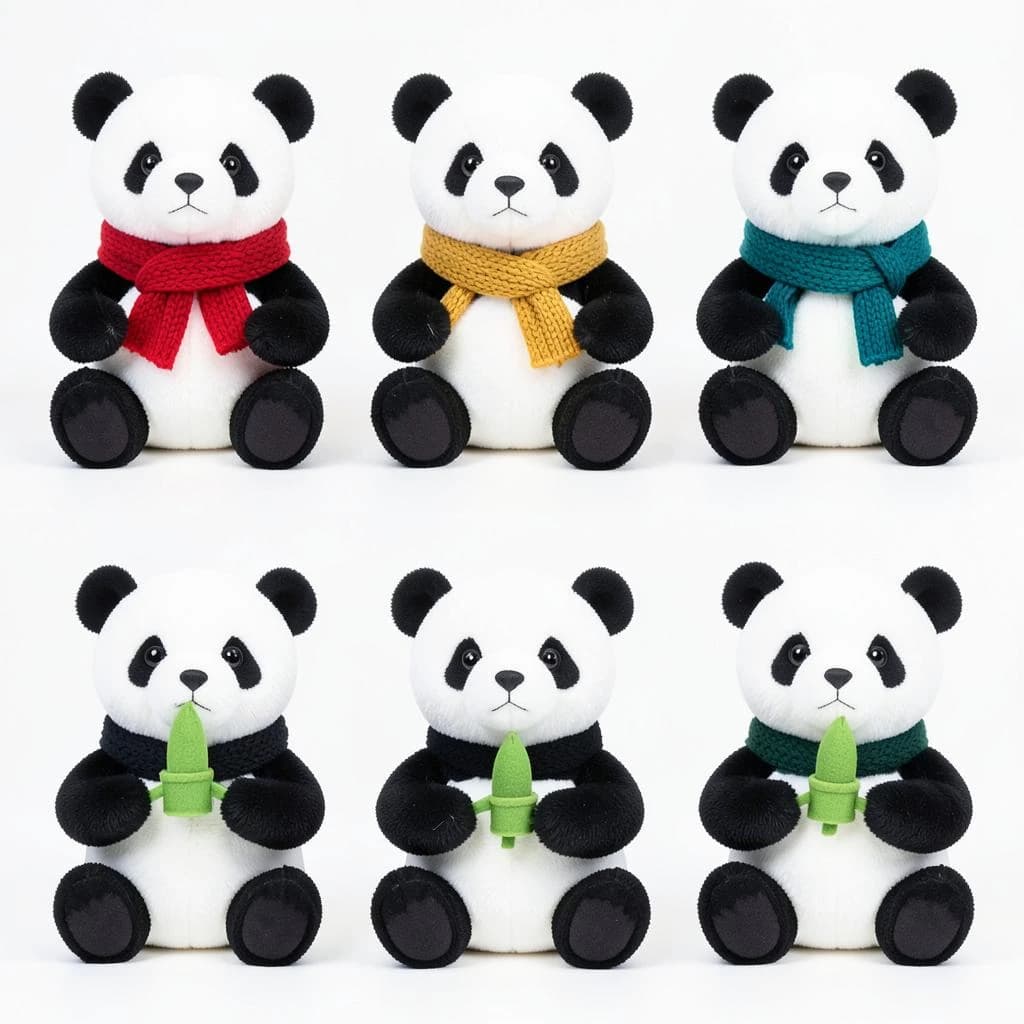Studio product photography, plain white variant grid: six panda plushes in two rows of three, all seated facing camera. The top row wears knit scarves in red, mustard and teal. The bottom three wear no scarves, each holding a small felt bamboo shoot.