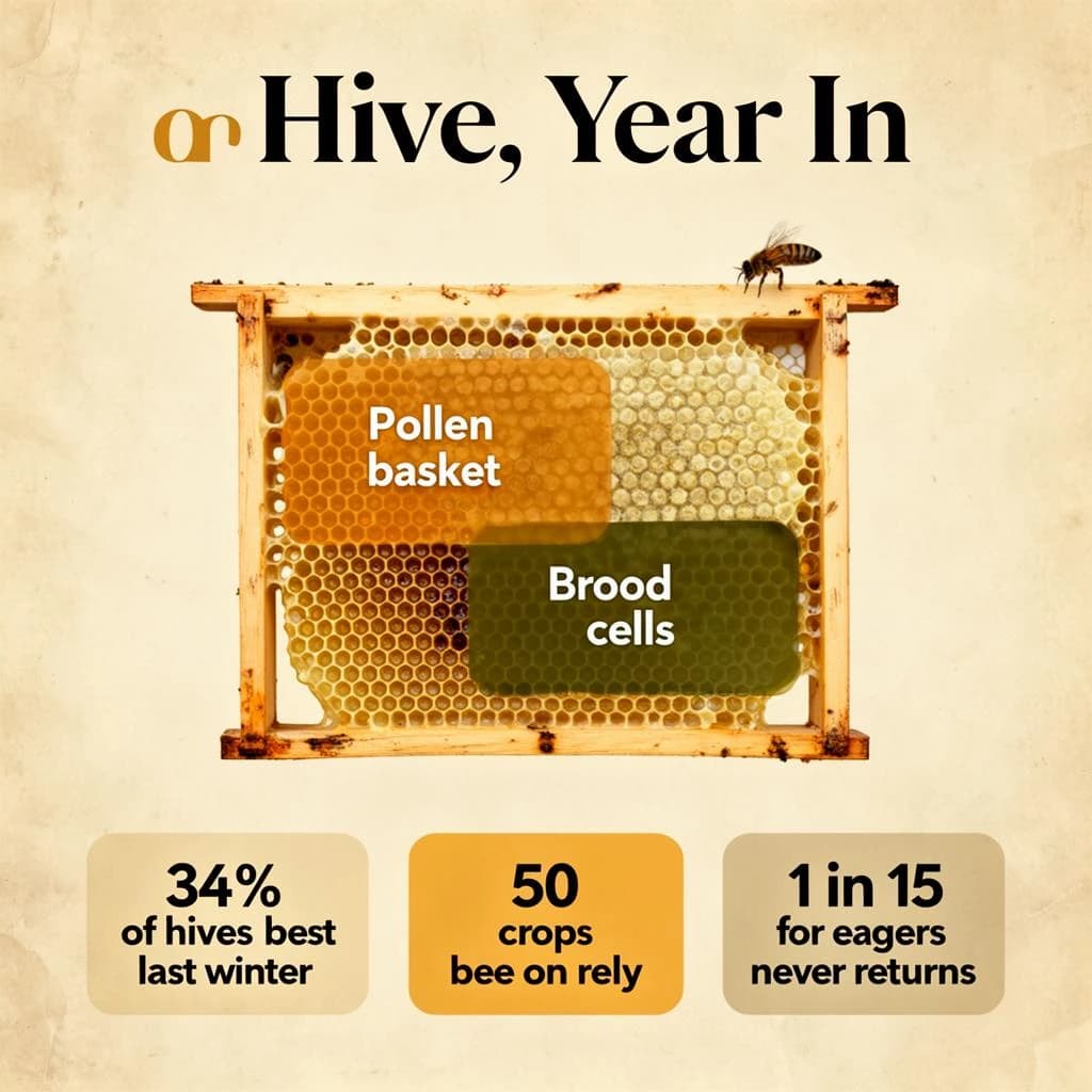 Printed poster titled "Hive, One Year In": at the center a cutaway of a hive frame, carrying two keyed regions, "Pollen basket" shaded amber and "Brood cells" shaded olive, beside a bottom row of three stat chips reading "34% of hives lost last winter", "50 crops rely on bees" and "1 in 15 foragers never returns".