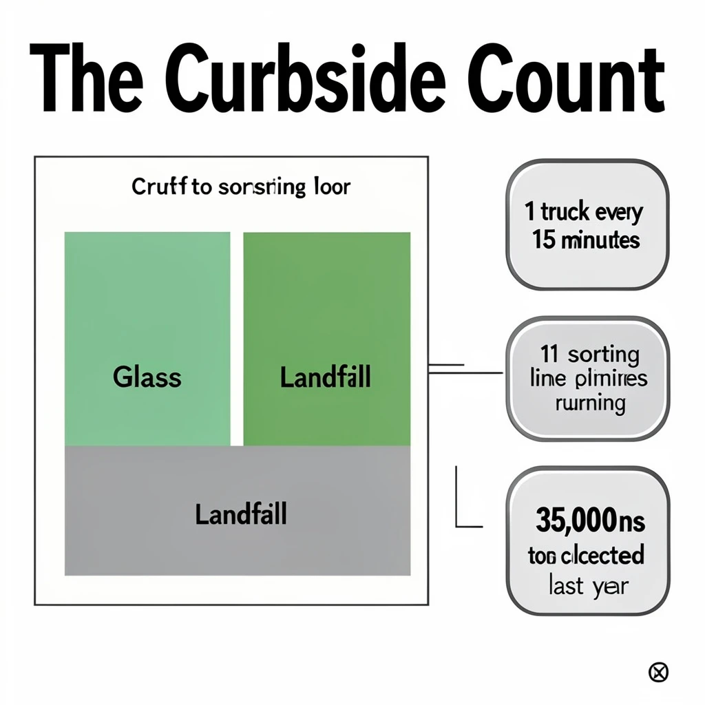 Printed poster titled "The Curbside Count": at the center a flow chart from curb to sorting floor, carrying two keyed regions, "Glass" shaded green and "Landfill" shaded gray, beside a right column of three stat chips reading "1 truck every 15 minutes", "11 sorting lines running" and "35,000 tons collected last year".