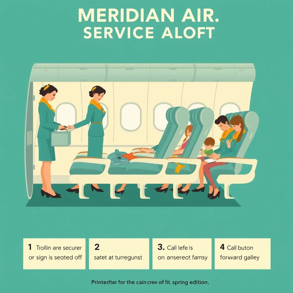 Flat vector poster in a nineteen sixties airline style, teal, mustard and cream.
A cutaway of a single aisle cabin seen from the side, five rows of seats visible. Three flight attendants in teal skirt suits with mustard scarves: one pushing a trolley in the aisle at row two, one handing a cup down to a window passenger in row four, one crouched beside a child in row five fastening a seatbelt. Nine passengers seated, four of them reading, and both aisle seats in row three empty.
Along the bottom, a numbered legend in cream boxes reading "1. Cabin service begins after the seatbelt sign is switched off.", "2. Trolleys are secured at every stage of turbulence.", "3. Water is offered on request throughout the flight.", "4. Call buttons are answered from the forward galley."
Masthead across the top reads "MERIDIAN AIR: SERVICE ALOFT", and a small line under the cabin reads "Printed for the cabin crew of the Meridian fleet, spring edition."