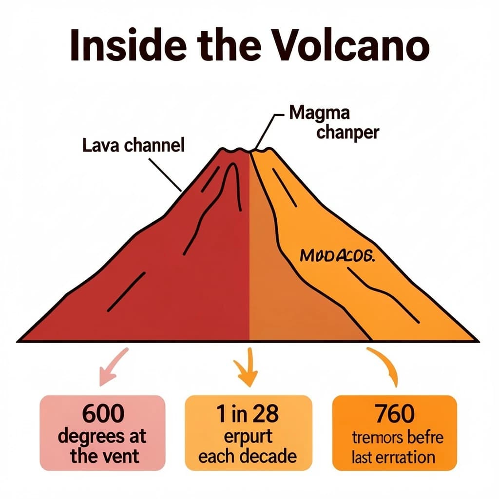 Flat infographic titled "Inside the Volcano". A simplified hazard map of the slopes sits at the center, carrying two keyed regions, "Lava channel" shaded red and "Magma chamber" shaded orange. Three stat chips run down a bottom row, reading "600 degrees at the vent", "1 in 28 erupt each decade" and "760 tremors before the last eruption". Each key color matches the shading of the region it names.