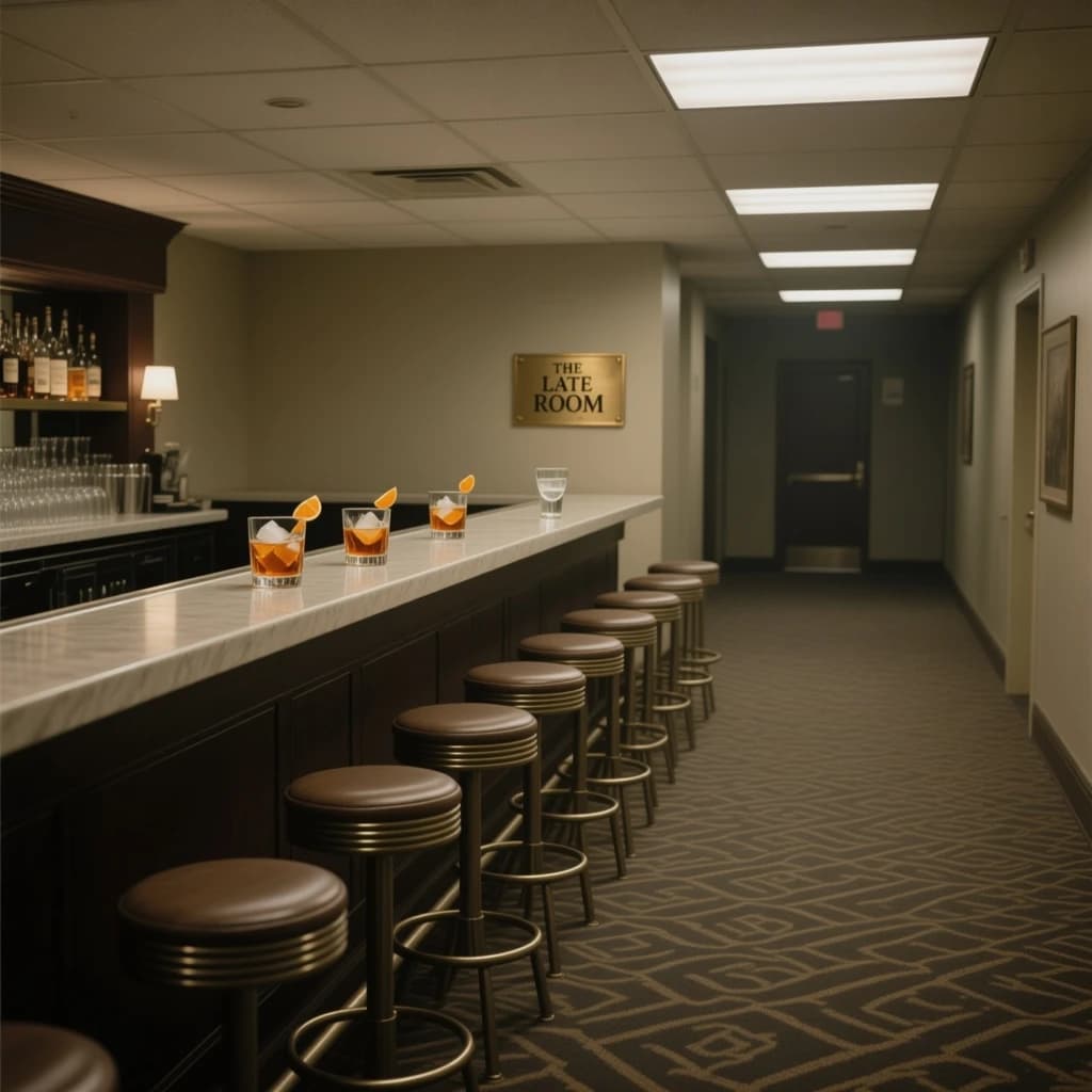 Liminal space photograph of a hotel bar at four in the morning, humming fluorescent ceiling panels, patterned carpet running off frame, nobody in sight. Eleven identical barstools stand in one unbroken row along the counter, only the fifth pulled out and turned. Three finished old fashioneds sit spaced along the bar, each down to melted ice and a single orange peel, and a fourth glass, freshly poured and still clear, waits at the far end beside a small brass sign reading "THE LATE ROOM".