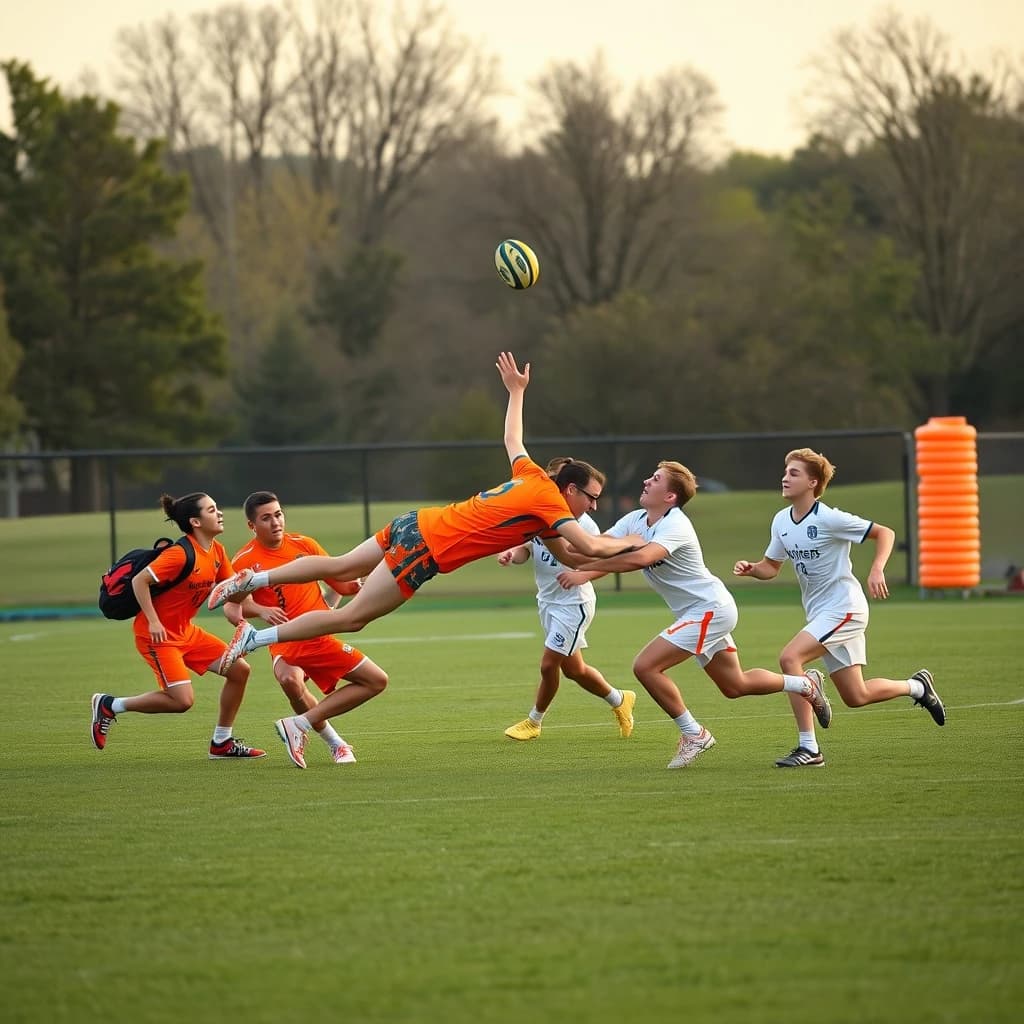 Sports photography, long lens, late afternoon on a college field. Seven players in frame: four in orange jerseys, three in white. The disc hangs just above the tallest orange player, who is fully horizontal in a layout dive; two of the white players crash into each other under it while the third white player runs the other way. Behind them on the sideline sit five backpacks in a line and a stack of four orange cones. Low golden sun, grass spray, shallow depth.