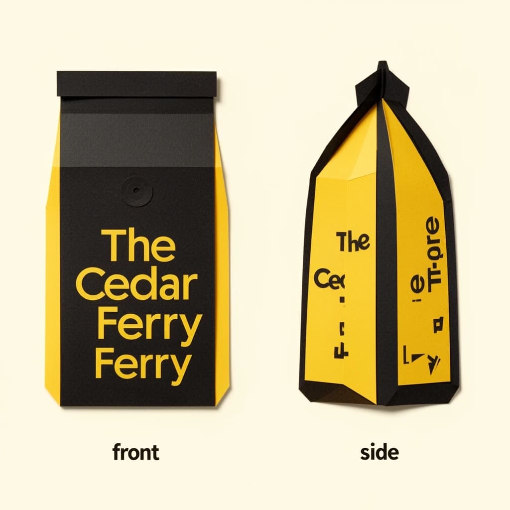 Cut-paper collage: one coffee bag in two views. The views are captioned "front" and "side" in that order. The wordmark "The Cedar Ferry" appears on every view. The black-and-yellow coloring is the same across every view, and only the angle changes.
