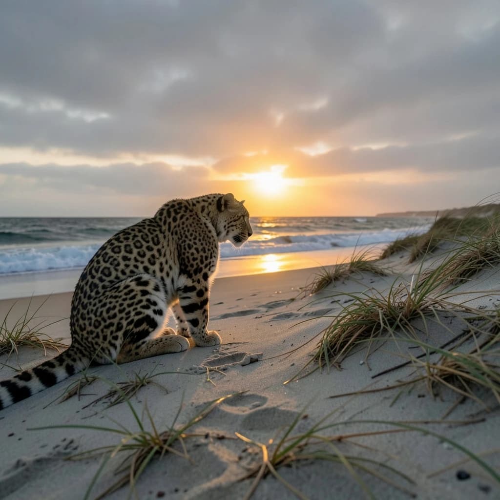 The pause when a snow leopard meets a low band of sun, on a windswept beach, under an overcast sky.