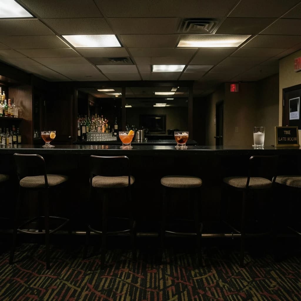 Liminal space photograph of a hotel bar at four in the morning, humming fluorescent ceiling panels, patterned carpet running off frame, nobody in sight. Eleven identical barstools stand in one unbroken row along the counter, only the fifth pulled out and turned. Three finished old fashioneds sit spaced along the bar, each down to melted ice and a single orange peel, and a fourth glass, freshly poured and still clear, waits at the far end beside a small brass sign reading "THE LATE ROOM".