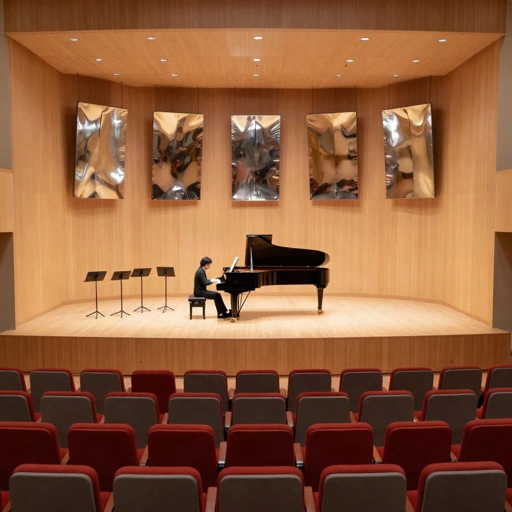 Interior visualization of a small chamber music hall lined in pale oak, seen from the side balcony. A pianist in black plays the only grand piano on stage, lid raised toward the room, a page turner seated to her left. Four empty music stands form a semicircle behind the piano, and a single cello rests on its side beside the last stand. Nine curved reflector panels hang over the stage, the three centre ones lower than the rest. The first two rows of seating are red, every row behind them grey, and all the front row seats are folded up. Photorealistic render, warm stage light.