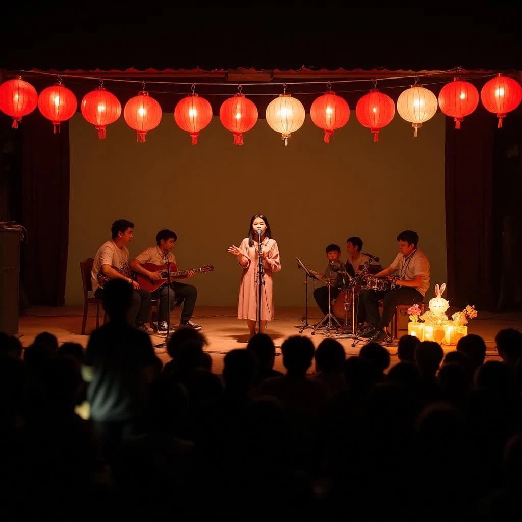 Concert photography, a Mid-Autumn Festival night in a Hong Kong park, shot from inside the crowd toward a low stage lit by warm floods. A singer at the centre microphone holds a note with both hands off the stand; on her left two erhu players sit side by side, on her right a single drummer stands. Eleven paper lanterns hang above the stage, the seven red ones strung in a line and the four white ones clustered at the right end. In the near foreground, out of focus, a child on a father's shoulders holds a rabbit lantern.
