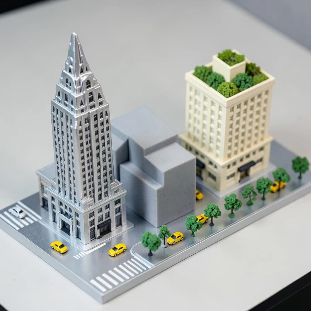 Tilt shift photograph of a hand built architectural scale model of a Midtown Manhattan block, studio lit from the upper left.
The Chrysler Building stands on the corner in polished silver card with its stepped crown and triangular windows. Directly across the street sits a proposed cream limestone tower, two floors shorter, topped by a stepped roof garden. Between them four smaller grey massing blocks in plain foam. Six tiny yellow cabs on the avenue, three stopped at the crossing and three queued behind, with a line of green model trees down the median.
