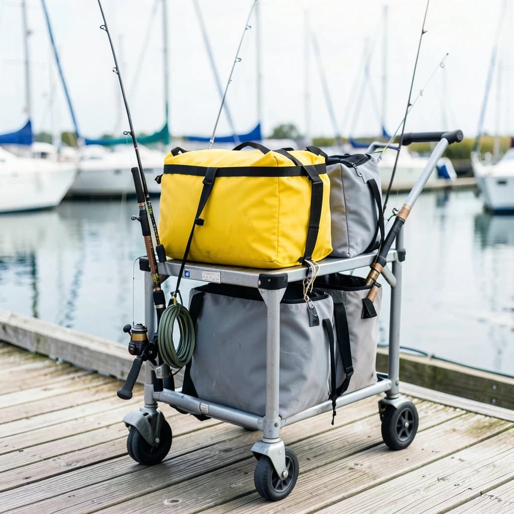 Lifestyle listing photo on a marina dock: a folding dock cart holding three dry bags, the largest yellow and the two smaller ones grey, two fishing rods leaning against the handle, and one coiled dock line hanging from the front rail. Masts blurred behind.
