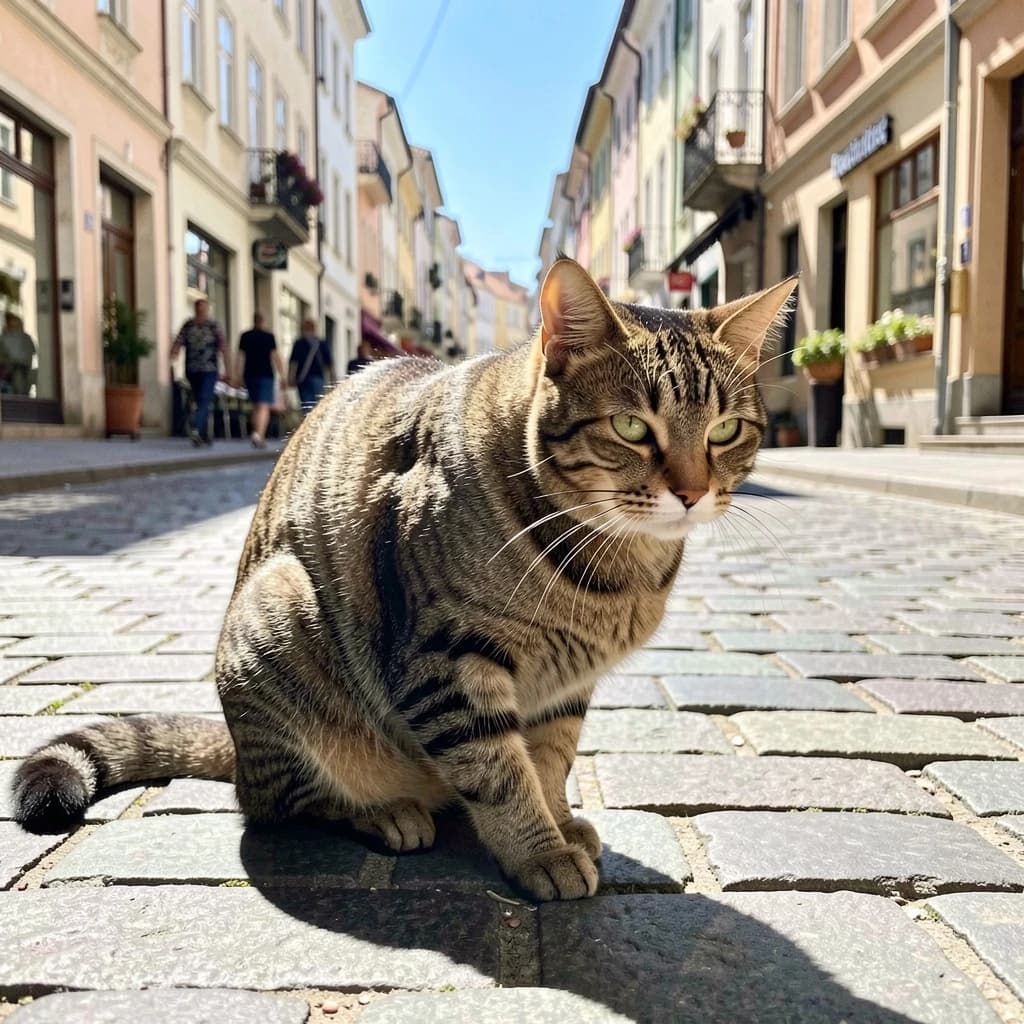 The instant a tabby cat gathers the color of the surrounding sky, on a cobblestone street, in bright midday sun.