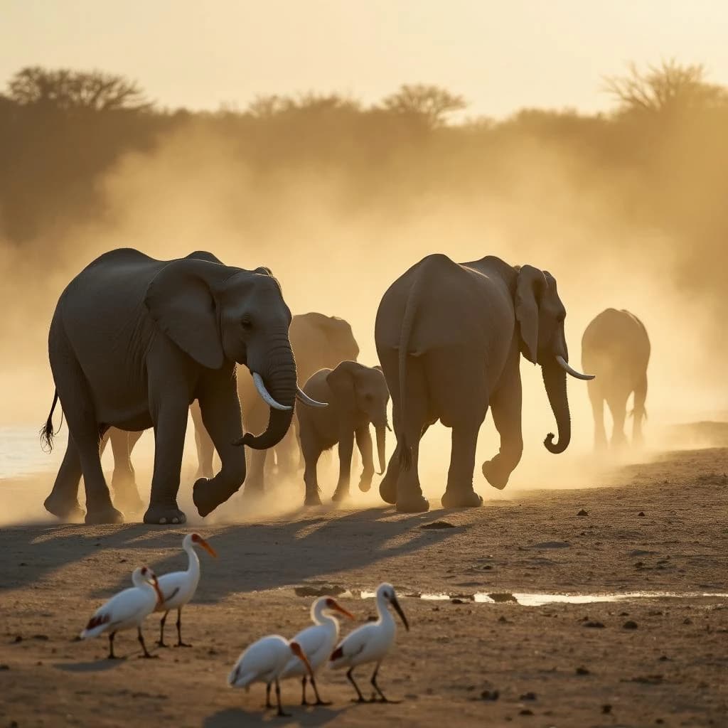 Wildlife photograph for a conservation campaign: a herd crossing a dusty riverbed in low sun. Seven elephants walking left to right, three adults flanking on the outside and two calves tucked between them, one adult trailing at the rear with a broken tusk, and the lead matriarch already up the far bank. Four egrets on the ground, only two of them near the calves. Long shadows, dust haze, nothing written in frame.