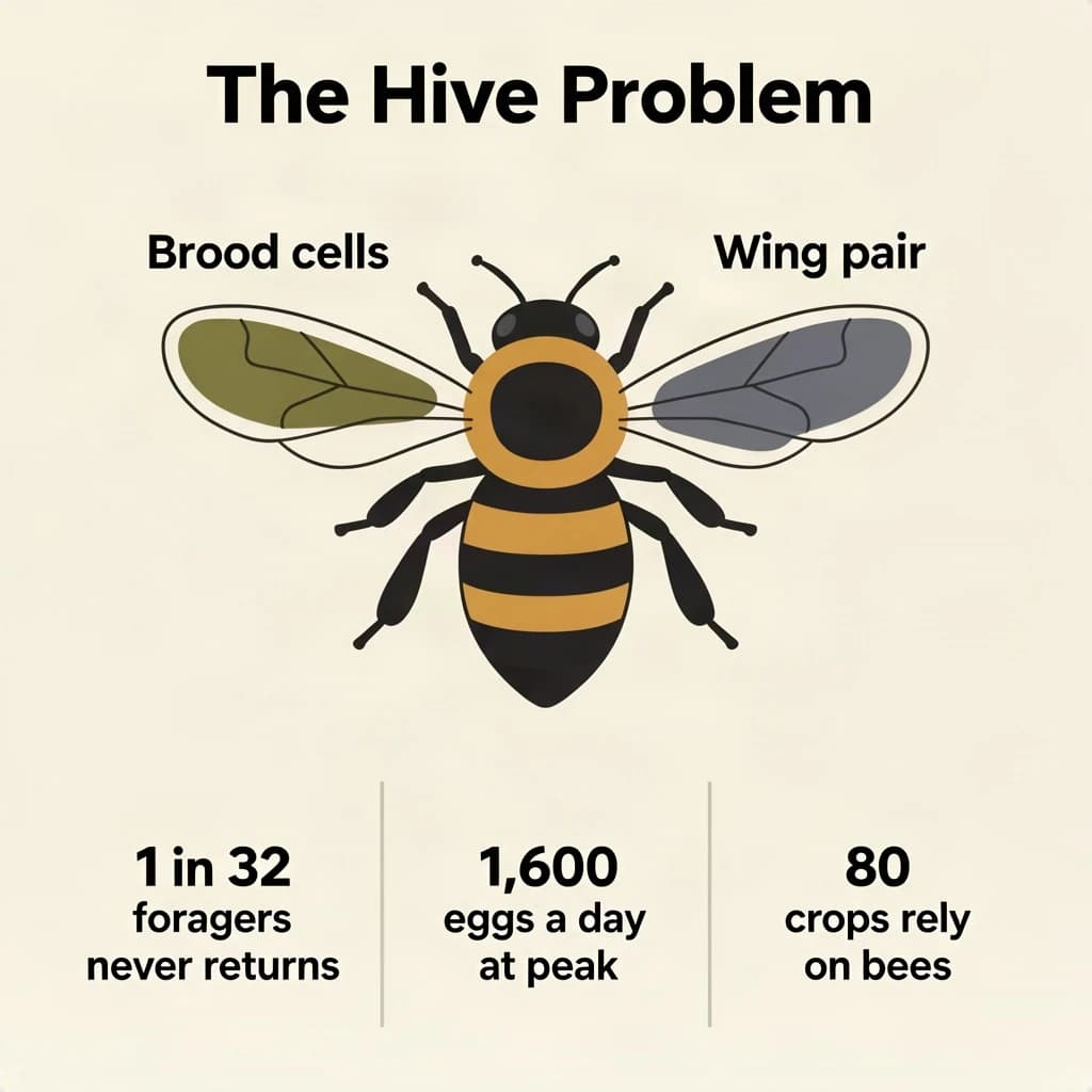Flat vector illustration titled "The Hive Problem". A labeled bee diagram sits at the center, carrying two keyed regions, "Brood cells" shaded olive and "Wing pair" shaded slate. Three stat chips run down a bottom row, reading "1 in 32 foragers never returns", "1,600 eggs a day at peak" and "80 crops rely on bees". Each key color matches the shading of the region it names.