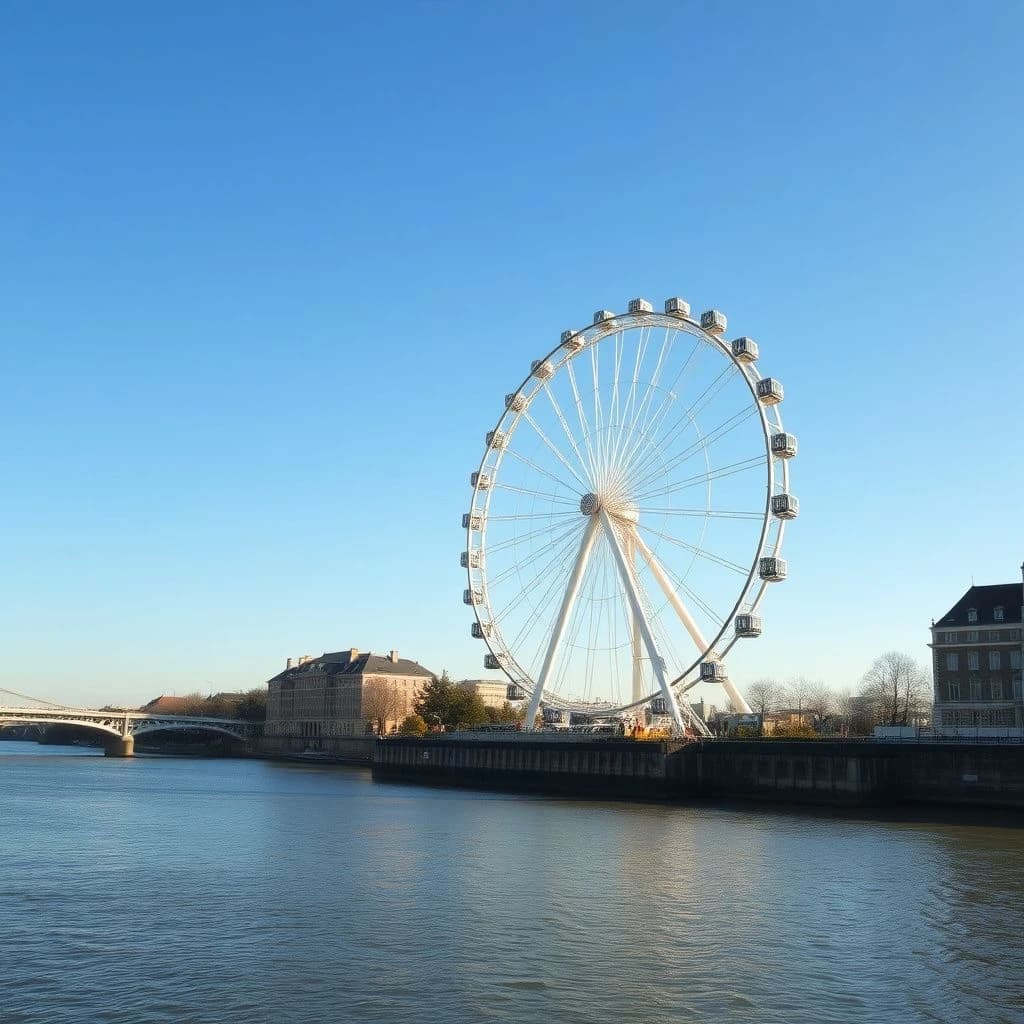 A ferris wheel dulled by a thin layer of dust beside a quiet river, under a clear blue sky, wide-angle perspective, photorealistic style.