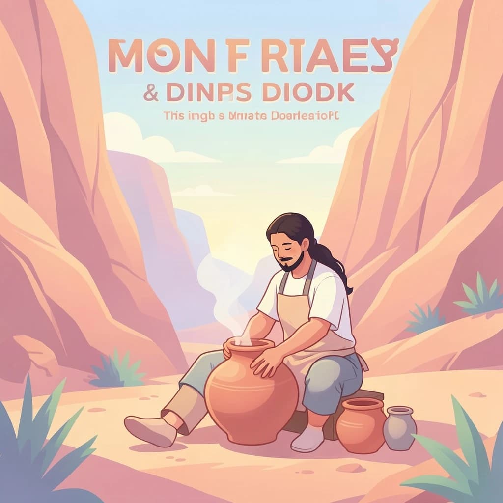 Poster illustration of a potter in a desert canyon, soft gradient fills, smooth vector finish, pastel palette.