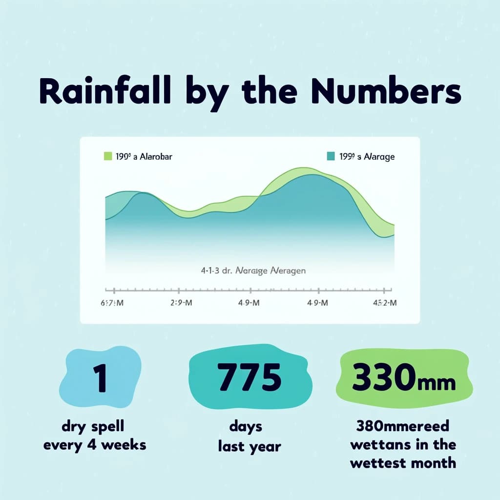 Flat infographic titled "Rainfall by the Numbers": at the center a twelve-month rainfall timeline, carrying two keyed regions, "Average" shaded pale green and "Wettest" shaded dark blue, beside a bottom row of three stat chips reading "1 dry spell every 4 weeks", "175 rain days last year" and "380mm in the wettest month".