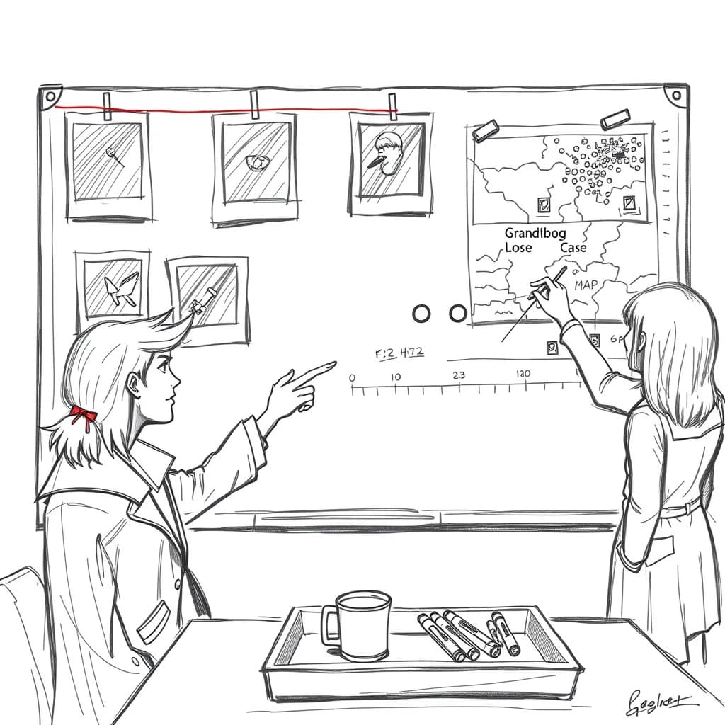Rough storyboard panel in loose graphite sketch style for a detective game cutscene. A precinct whiteboard fills the wall: six pinned photographs in two rows of three, red string linking the leftmost photo of the top row to the middle photo of the bottom row and on to a map tacked at the right edge. Three magnets hold a timeline strip along the bottom of the board. In front of it two detectives, the seated one pointing at the map while the standing one wipes the upper right corner clean with her sleeve. A mug and four markers sit in the tray, one marker uncapped. Quick hatching, smudged shading, no color.
