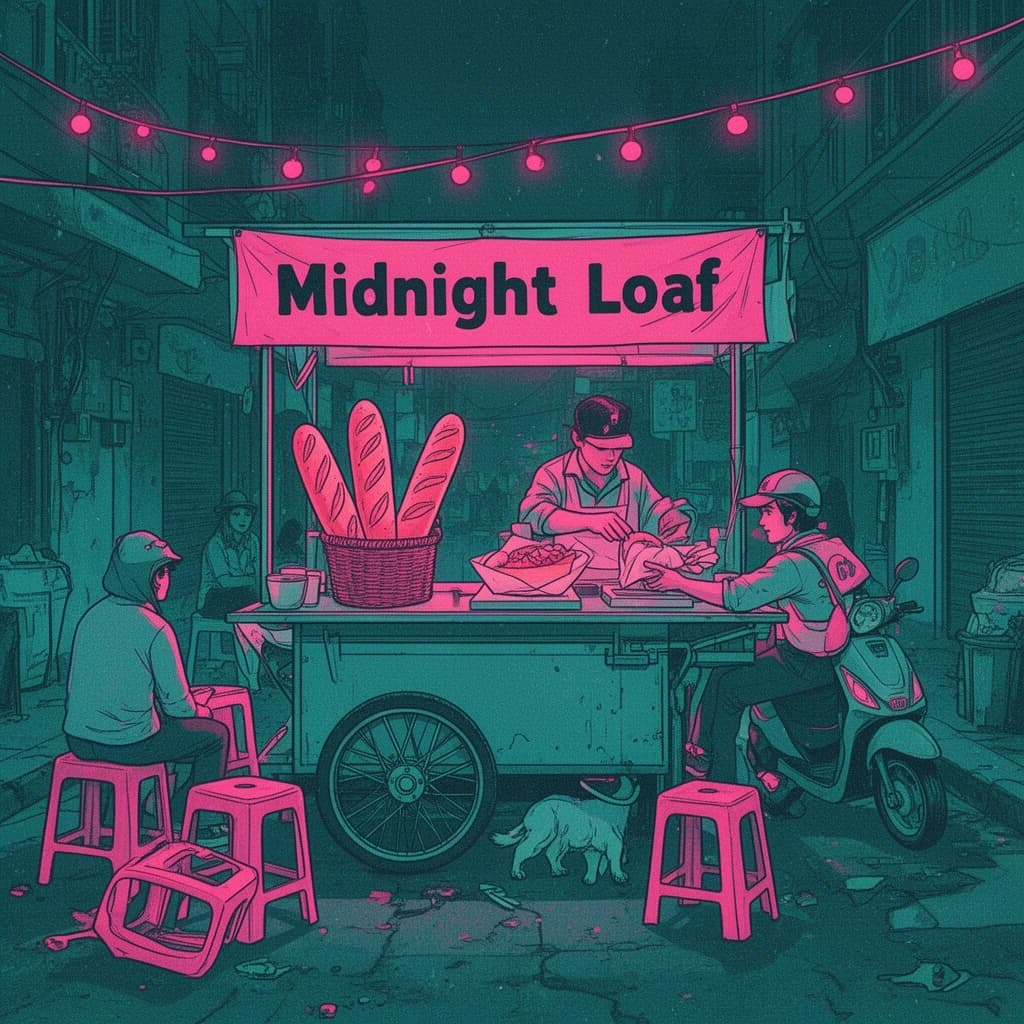 Two-color risograph print key art in fluorescent pink and teal with visible misregistration and paper grain, for a street food courier game. A night market alley: the banh mi cart at center with three baguettes standing upright in a basket and two more being sliced by the vendor, who hands one wrapped sandwich down to a courier straddling a scooter. Four plastic stools in front of the cart, three occupied and the one nearest the gutter tipped over. Two strings of bulbs cross overhead. A dog waits under the cart axle. The stall banner reads "Midnight Loaf".