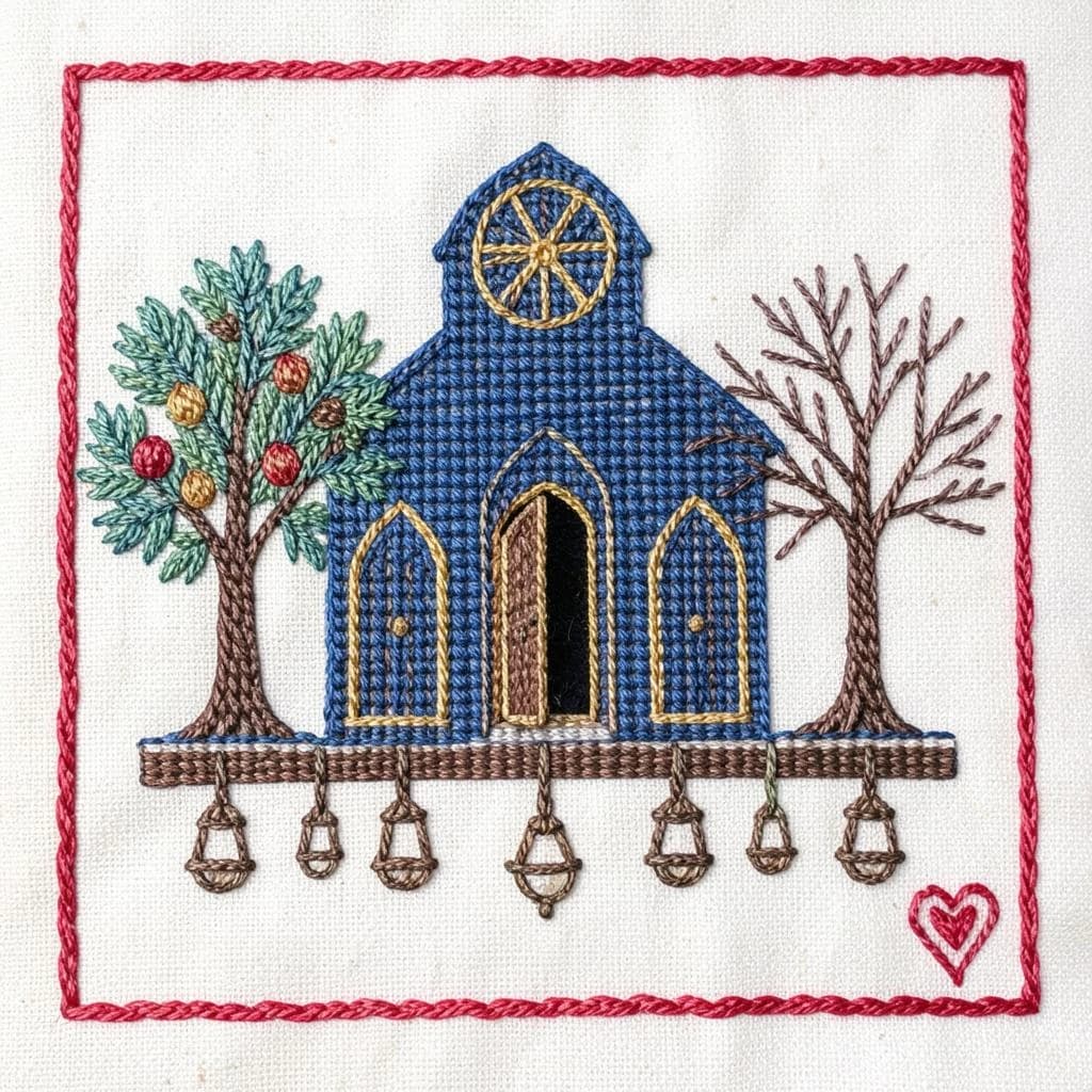 Pin stitched as a cross stitch sampler on natural linen, chunky visible stitches. Center: a synagogue front elevation in deep blue and gold thread, a rose window above three arched doors, the middle door taller and standing open while the two outer doors are closed. Two stitched olive trees flank the building, the left one heavy with fruit and the right one bare. Along the bottom, nine stitched lamps hang from a stitched beam with the middle lamp hanging lower than the rest. A narrow pomegranate border runs all the way around, with a small stitched heart in the bottom right corner.