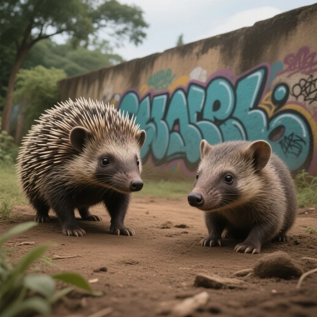 Civet and Aardvark in Yamoussoukro, Côte d'Ivoire in the style of graffiti