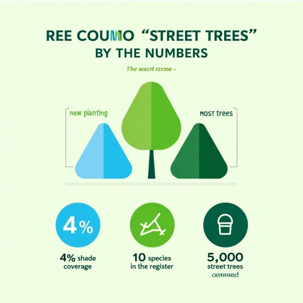 Flat infographic titled "Street Trees by the Numbers": at the center a labeled street-tree diagram, carrying two keyed regions, "New planting" shaded light blue and "Most trees" shaded dark green, beside a bottom row of three stat chips reading "44% shade coverage", "110 species in the register" and "51,000 street trees counted".