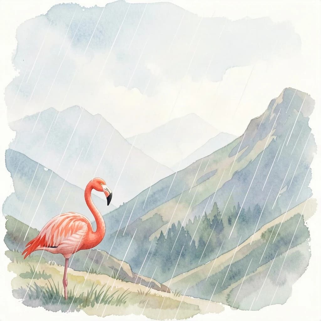 flamingo, mountain ridge, light rain, off-center framing with negative space, watercolor, soft edges