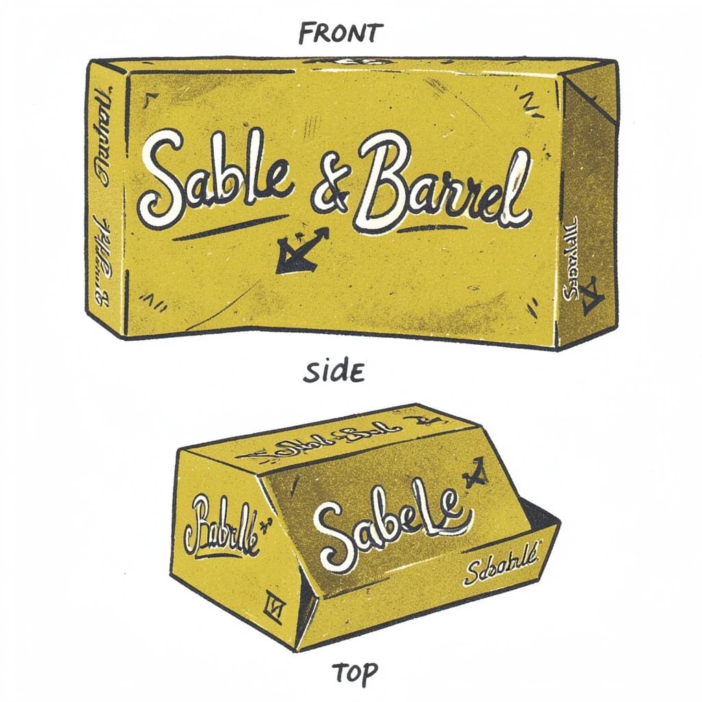 Linocut print: one board-game box in three views. The views are captioned "front", "side" and "top" in that order. The wordmark "Sable & Barrel" appears on every view with a small anchor mark beside it. The mustard-and-charcoal coloring is the same across every view, and only the angle changes.