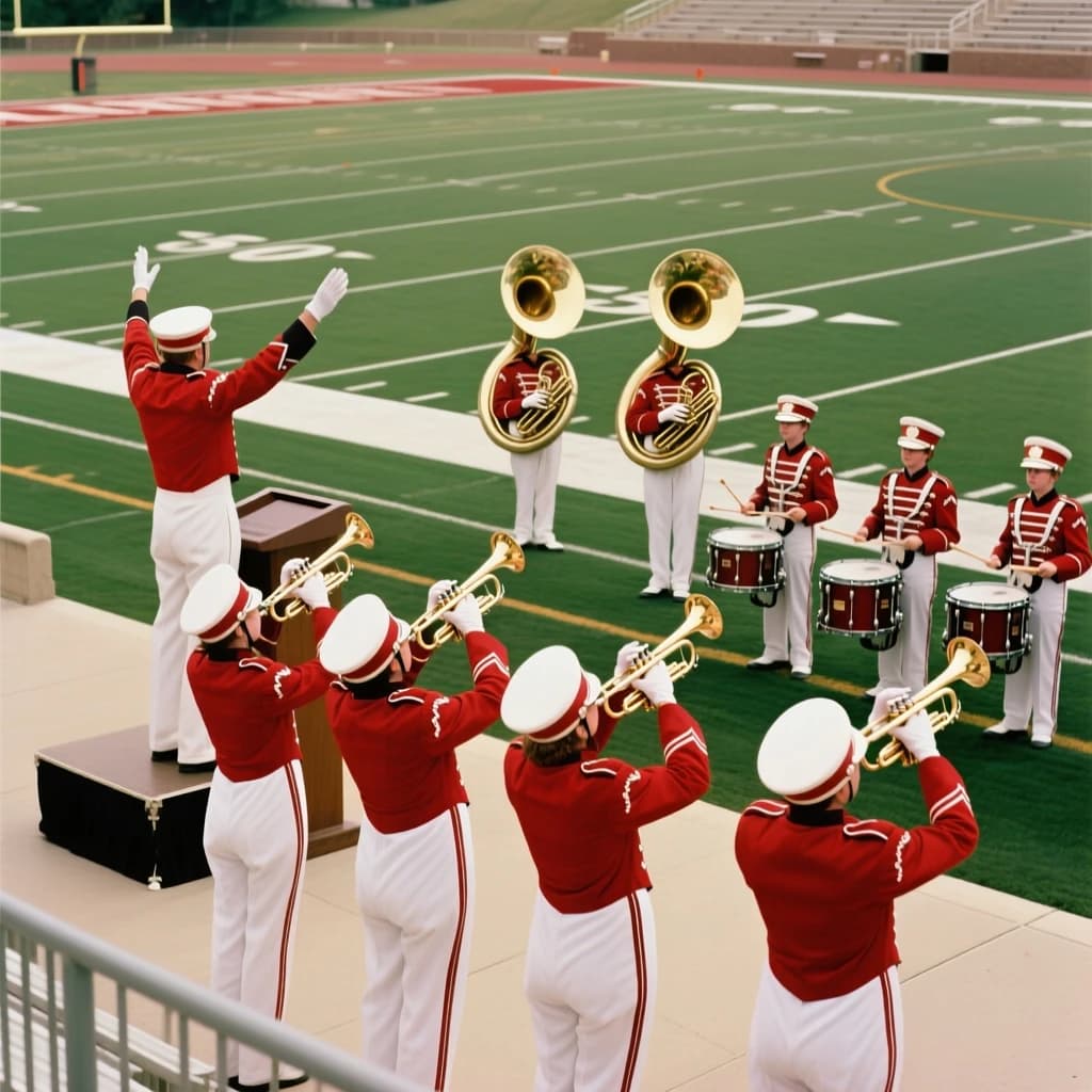 Nineteen seventies Kodachrome-era colour film look, faded warm grain and slight overexposure: a high school marching band seen from a stadium walkway. Front rank of five trumpet players in red and white uniforms, all with horns raised. Behind them three sousaphones in a triangle, the middle player caught mid turn. A line of four drummers to the right, the snare drummer nearest the camera mid stroke. A single drum major stands on a podium at the far left with his back to us, arms up. Empty green field behind them.