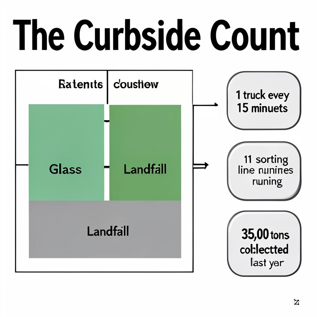 Printed poster titled "The Curbside Count": at the center a flow chart from curb to sorting floor, carrying two keyed regions, "Glass" shaded green and "Landfill" shaded gray, beside a right column of three stat chips reading "1 truck every 15 minutes", "11 sorting lines running" and "35,000 tons collected last year".