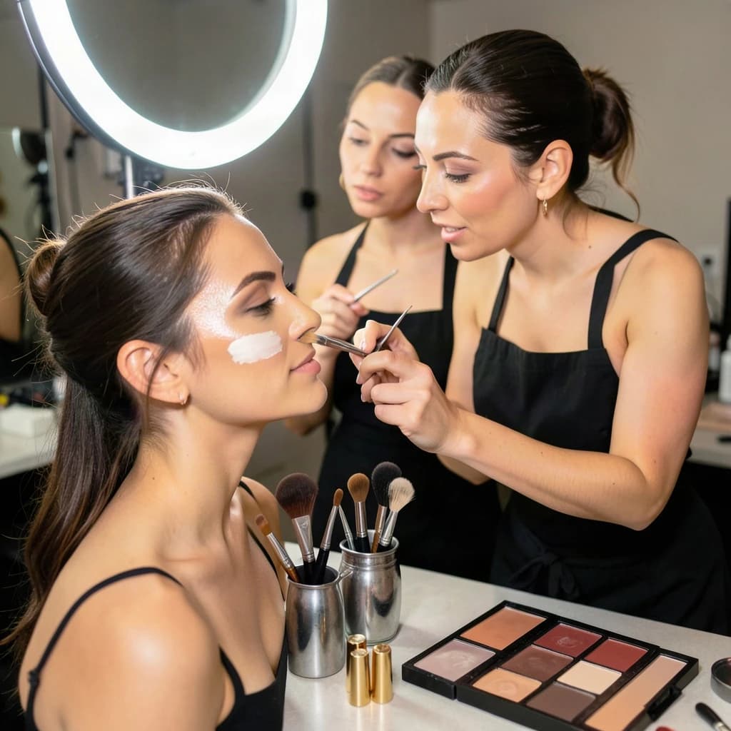 Fashion photograph at a backstage vanity lit by a ring light. A makeup artist in a black apron leans in from the right and blends cream blush into a seated model's cheekbone with her fingers, while a second artist standing behind them holds a lash tray in one hand and tweezers in the other, mid pick. On the counter between them: six brushes standing bristle up in a metal cup, three lipstick bullets lying in a row with their caps off beside them, and one open palette showing two used shades and four untouched. Warm skin tones, glossy highlights, shallow depth of field.
