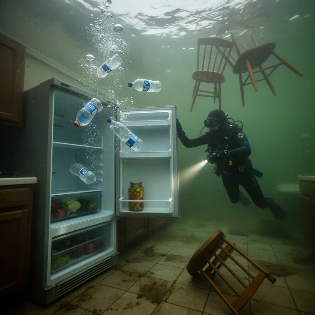 Underwater photograph inside a flooded apartment kitchen, silt green water, one window's worth of light from above. The refrigerator stands with its door swung open; three plastic bottles drift upward out of it, one still capped and two open and trailing bubbles, while a jar of pickles stays wedged on the middle shelf. A diver in a black wetsuit hovers to the right of the door, one hand on the top hinge, the other aiming a torch into the empty vegetable drawer. Two wooden chairs float against the ceiling above her, a third lies on its side on the tiles. Suspended particles, cold contrast, slow shutter softness.