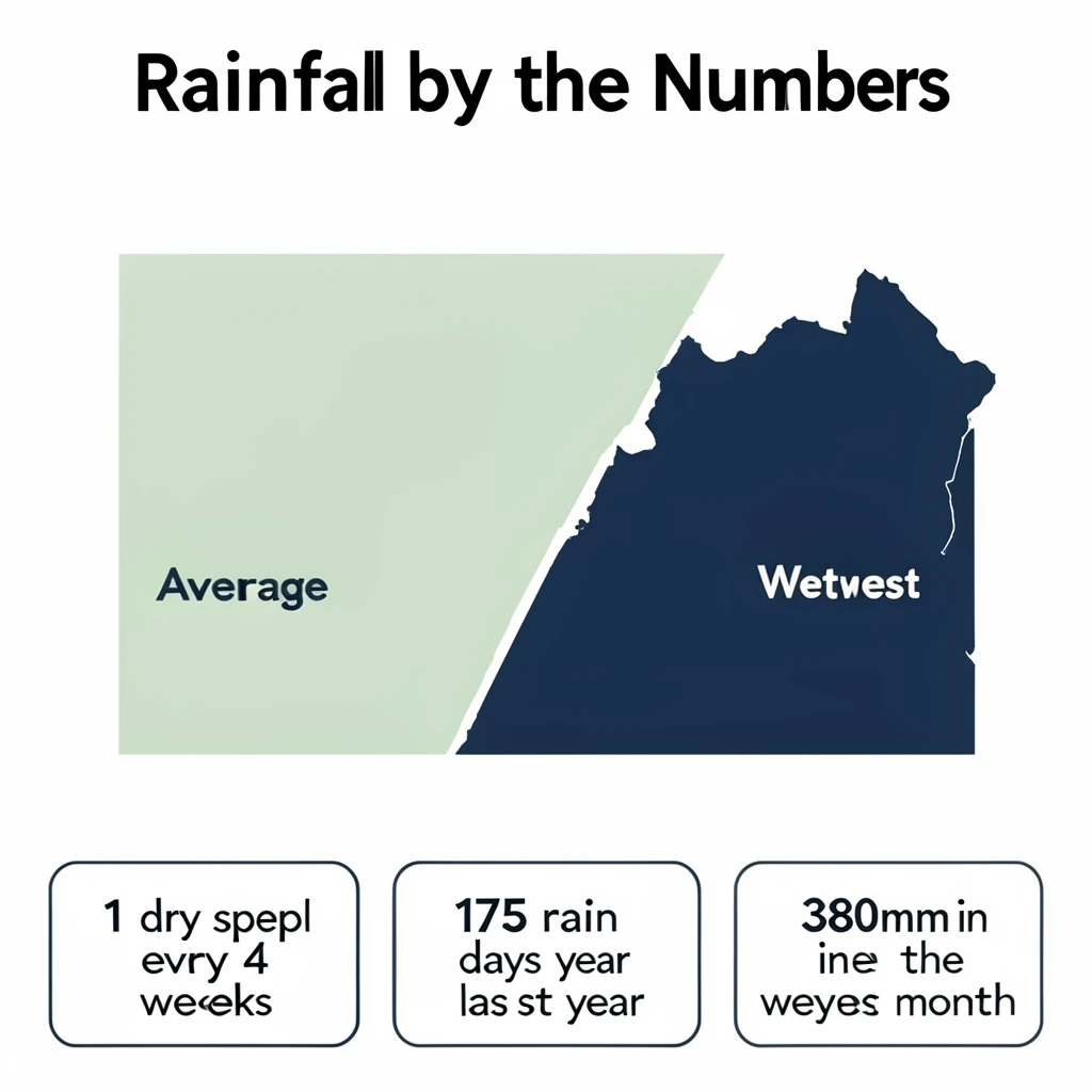 Flat infographic titled "Rainfall by the Numbers": at the center a twelve-month rainfall timeline, carrying two keyed regions, "Average" shaded pale green and "Wettest" shaded dark blue, beside a bottom row of three stat chips reading "1 dry spell every 4 weeks", "175 rain days last year" and "380mm in the wettest month".