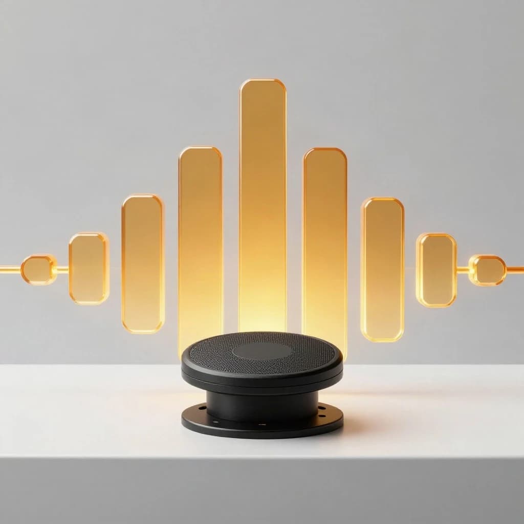 Cinematic 3D render of a matte black speaker puck on a white plinth, with a sound waveform behind it built from fourteen glowing amber bars in a gentle curve, the three tallest centred directly behind the puck and the bars shortening evenly toward both ends.