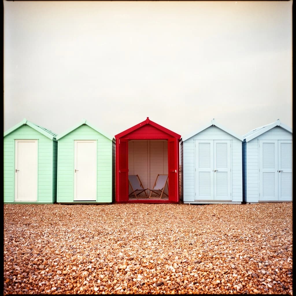 35mm film photo of seven beach huts in a row on a shingle bank. The three left huts are mint green with white doors, the middle one is red with its doors open showing two deckchairs inside, the three right huts are pale blue and shuttered.